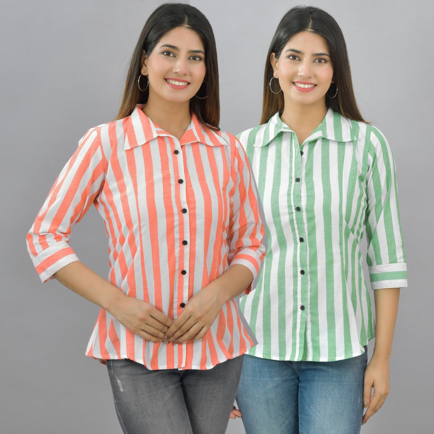 Pack Of 2 Womens Orange And Parrot Green Spread Collar Striped Shirt Combo