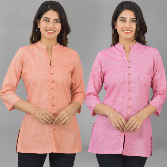 Pack Of 2 Womens Orange And Pink Woven Design Handloom Cotton Frontslit Short Kurtis