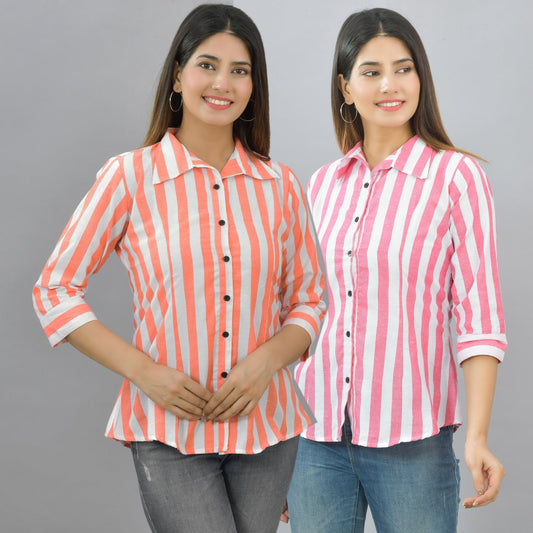 Pack Of 2 Womens Orange And Pink Spread Collar Striped Shirt Combo