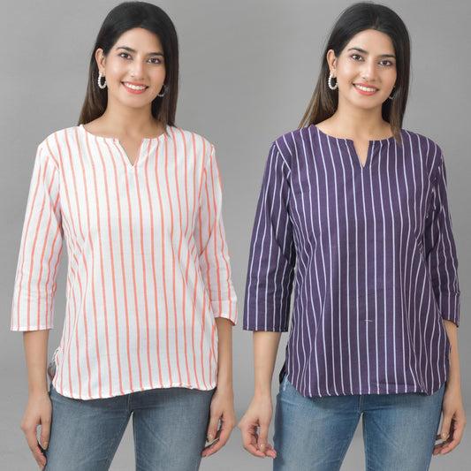 Pack Of 2 Orange And Dark Purple Striped Cotton Womens Top Combo