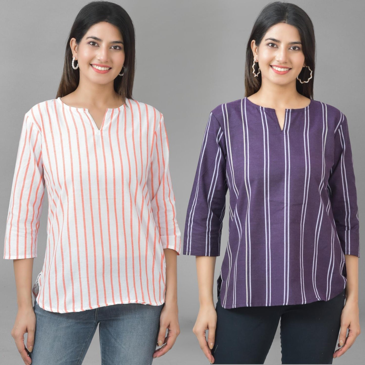 Pack Of 2 Orange And Purple Striped Cotton Womens Top Combo
