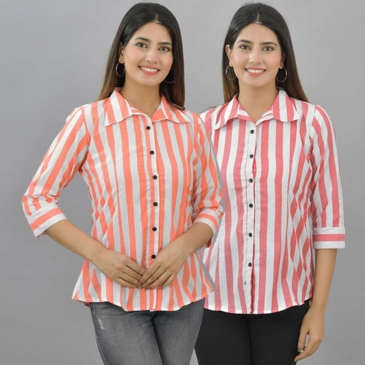 Pack Of 2 Womens Orange And Red Spread Collar Striped Shirt Combo