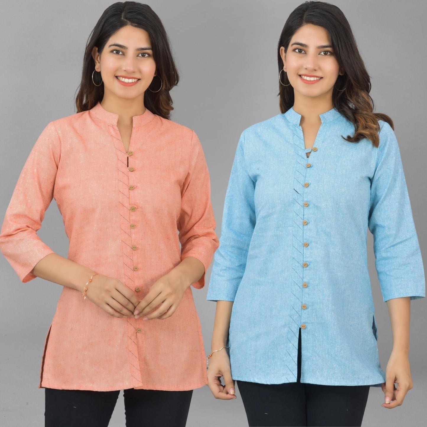 Pack Of 2 Womens Orange And Sky Blue Woven Design Handloom Cotton Frontslit Short Kurtis