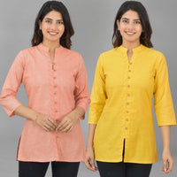 Pack Of 2 Womens Orange And Yellow Woven Design Handloom Cotton Frontslit Short Kurtis