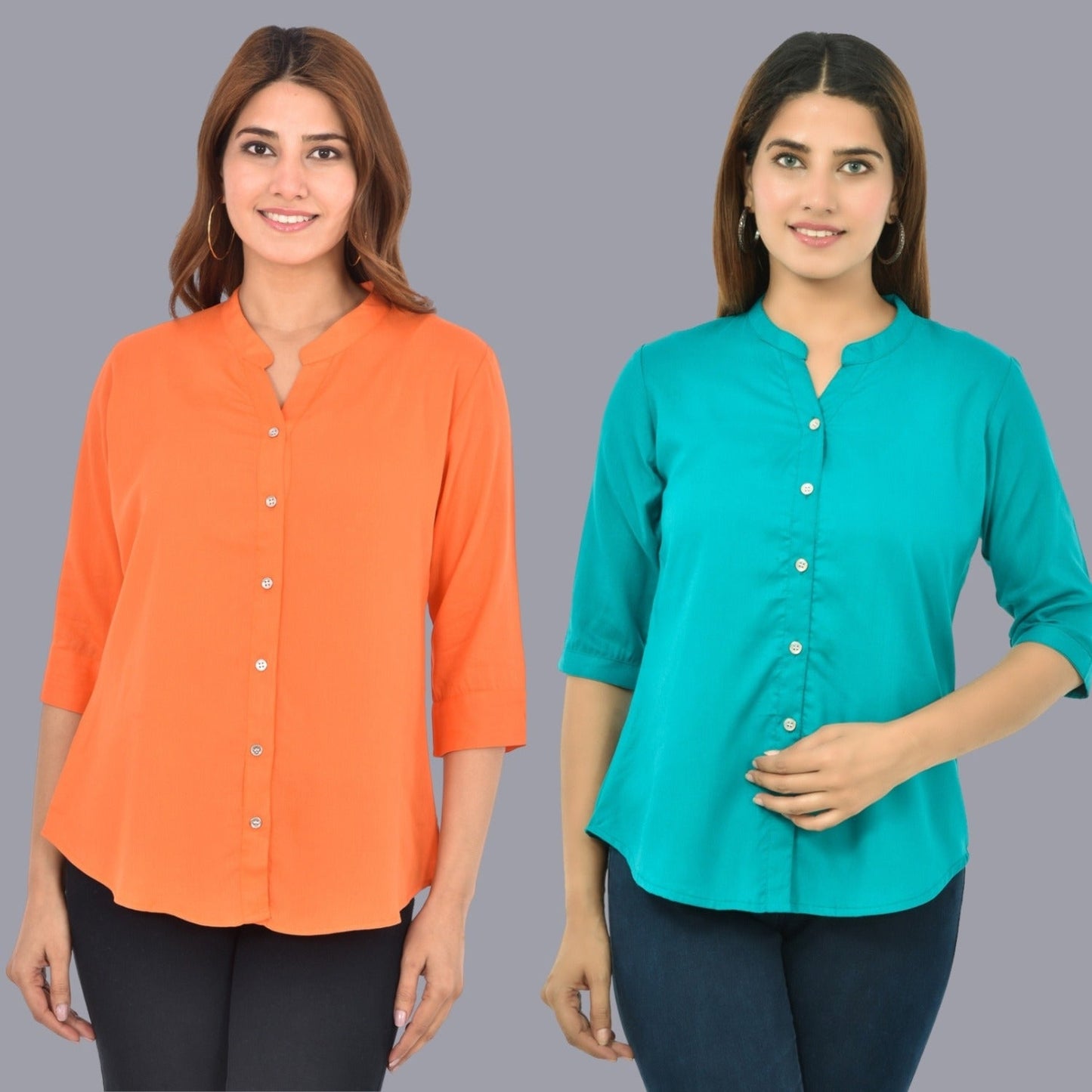 Pack Of 2 Womens  Solid Peach and Sky Blue Rayon Chinese Collar Shirts Combo