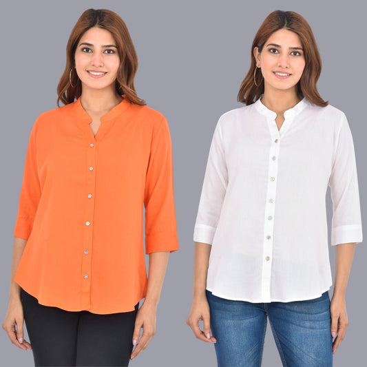Pack Of 2 Womens  Solid Peach and White Rayon Chinese Collar Shirts Combo
