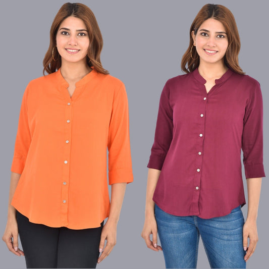 Pack Of 2 Womens  Solid Peach and Wine Rayon Chinese Collar Shirts Combo