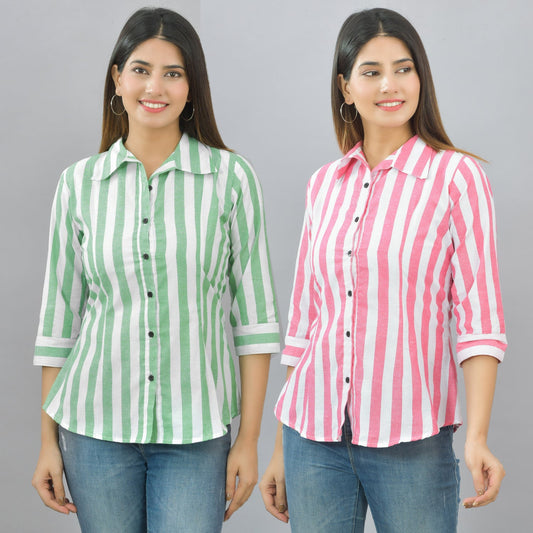 Pack Of 2 Womens Parrot Green And Pink Spread Collar Striped Shirt Combo