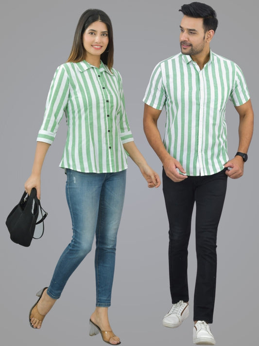 Pack Of 2 Quaclo Couple Parrot Green Striped Cotton Shirts