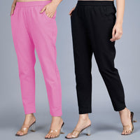 Pack Of 2 Womens Regular Fit Pink And Black Fully Elastic Waistband Cotton Trouser