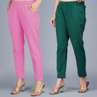 Pack Of 2 Womens Regular Fit Pink And Bottle Green Fully Elastic Waistband Cotton Trouser