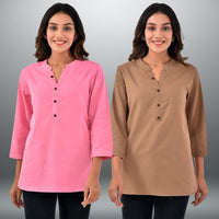 Pack Of 2 Womens Regular Fit Pink And Brown Three Fourth Sleeve Cotton Tops Combo