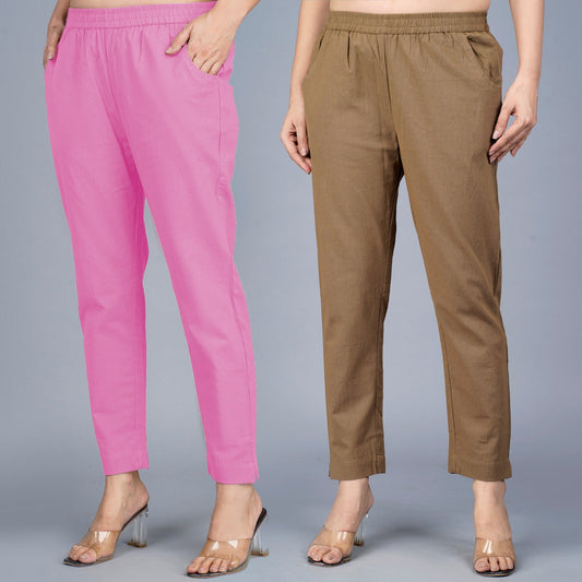 Pack Of 2 Womens Regular Fit Pink And Brown Fully Elastic Waistband Cotton Trouser