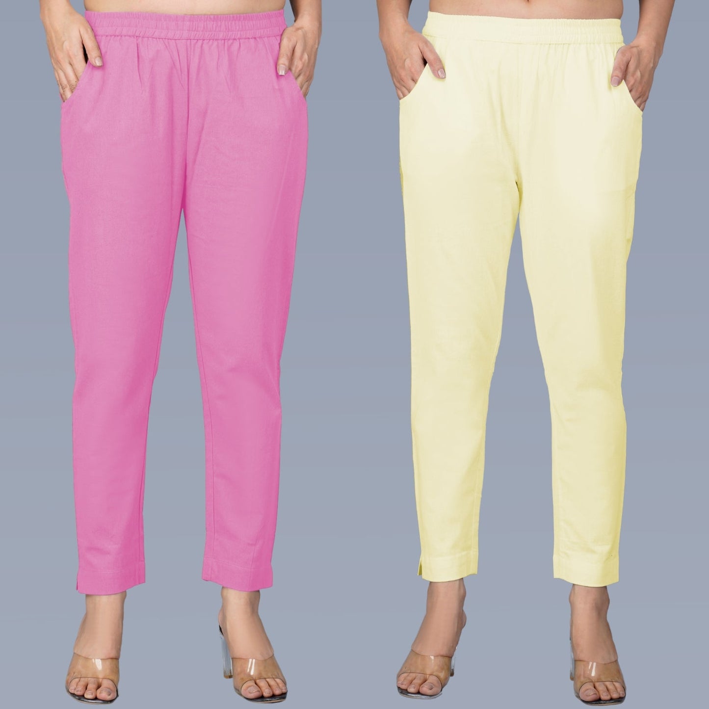 Pack Of 2 Womens Regular Fit Pink And Cream Fully Elastic Waistband Cotton Trouser