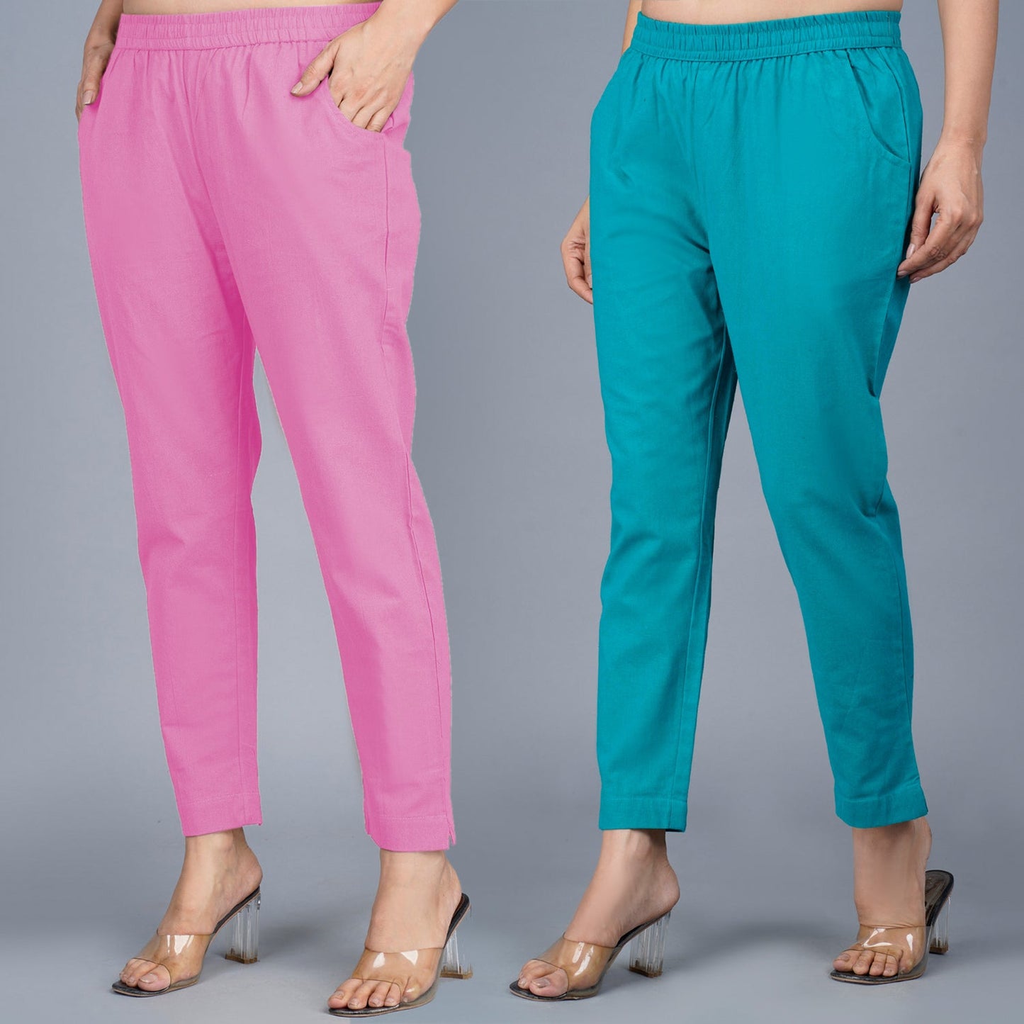 Pack Of 2 Womens Regular Fit Pink And Cyan Fully Elastic Waistband Cotton Trouser