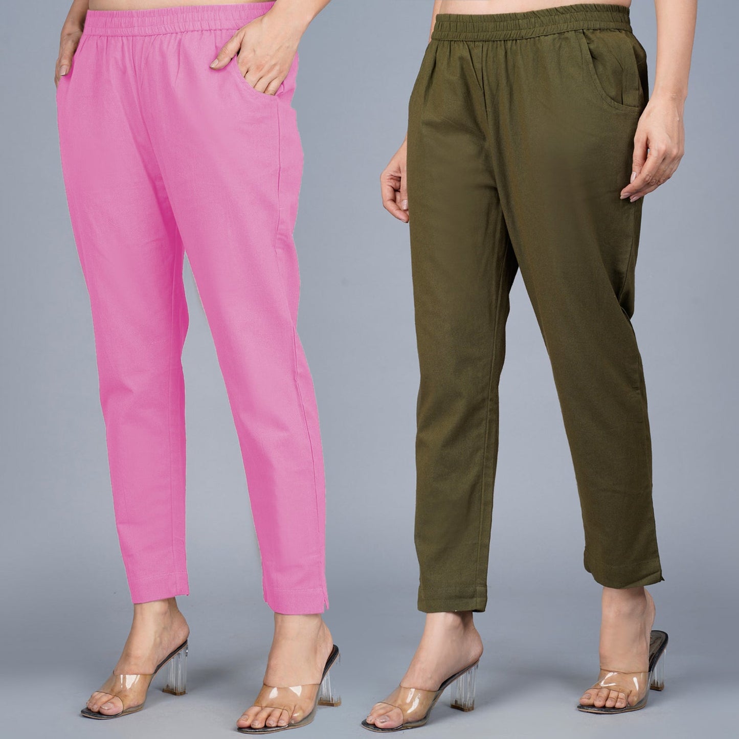 Pack Of 2 Womens Regular Fit Pink And Dark Green Fully Elastic Waistband Cotton Trouser