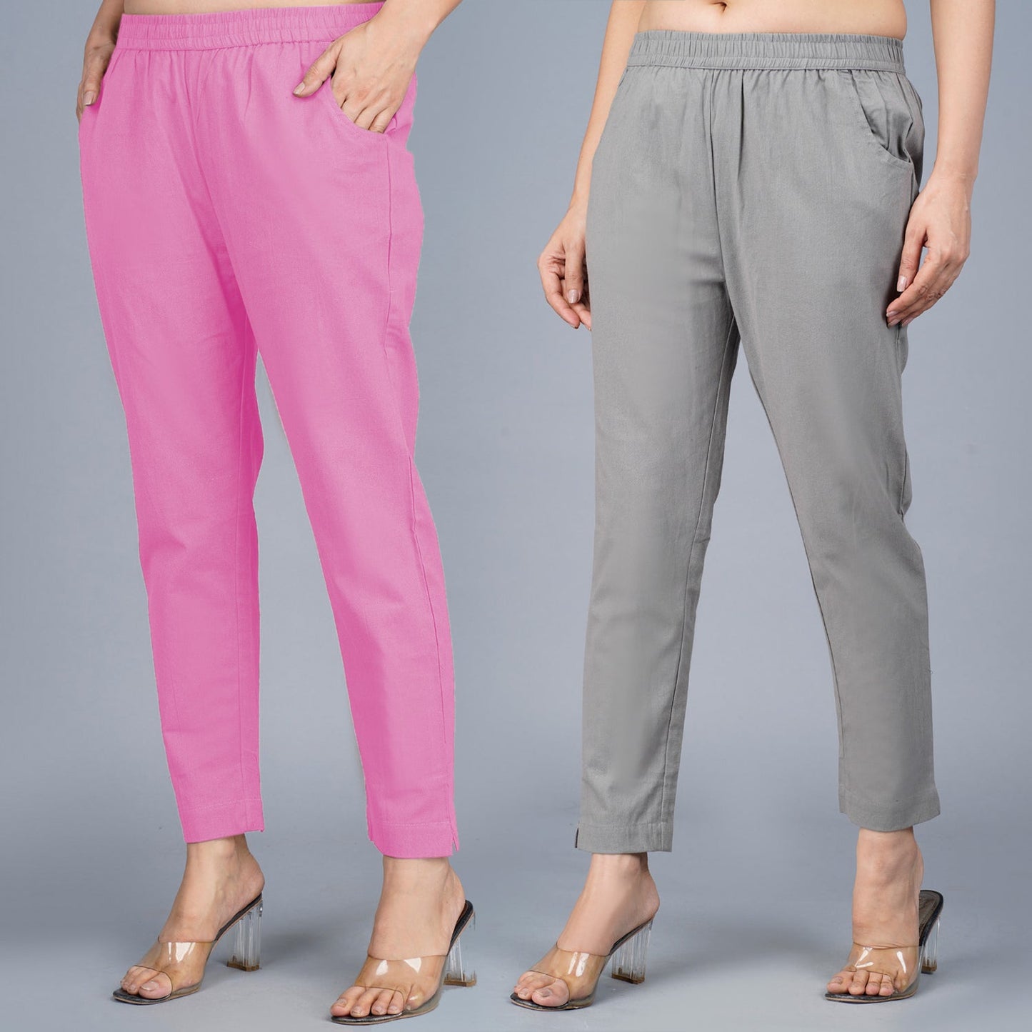Pack Of 2 Womens Regular Fit Pink And Grey Fully Elastic Waistband Cotton Trouser