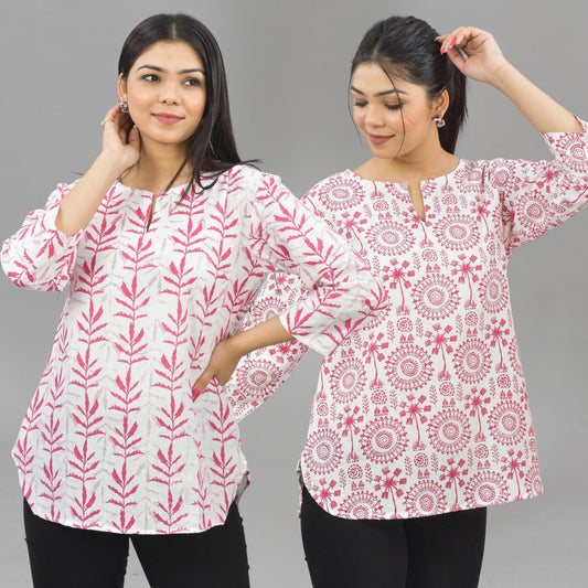 Pack Of 2 Womens Regular Fit Pink Leaf And Pink Tribal Printed Tops Combo