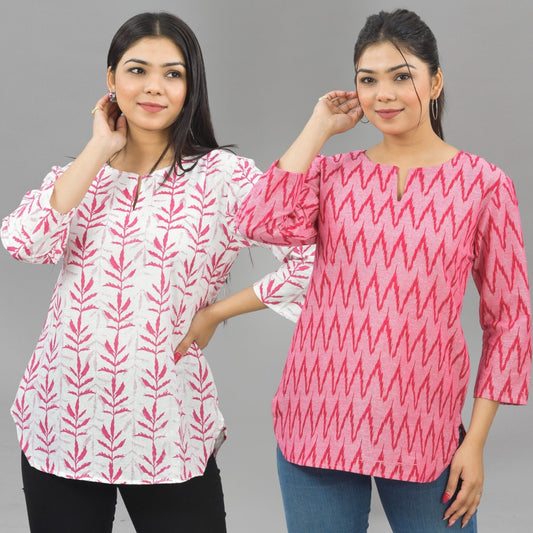 Pack Of 2 Womens Regular Fit Pink Leaf And Pink Zig Zag Printed Tops Combo