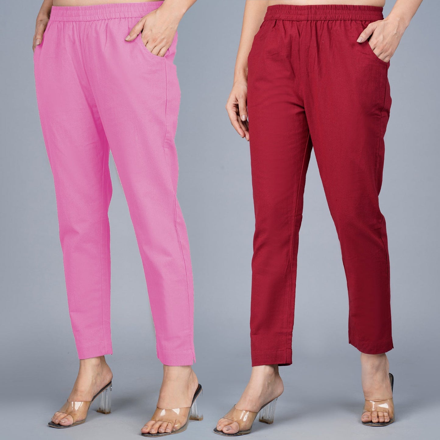 Pack Of 2 Womens Regular Fit Pink And Maroon Fully Elastic Waistband Cotton Trouser