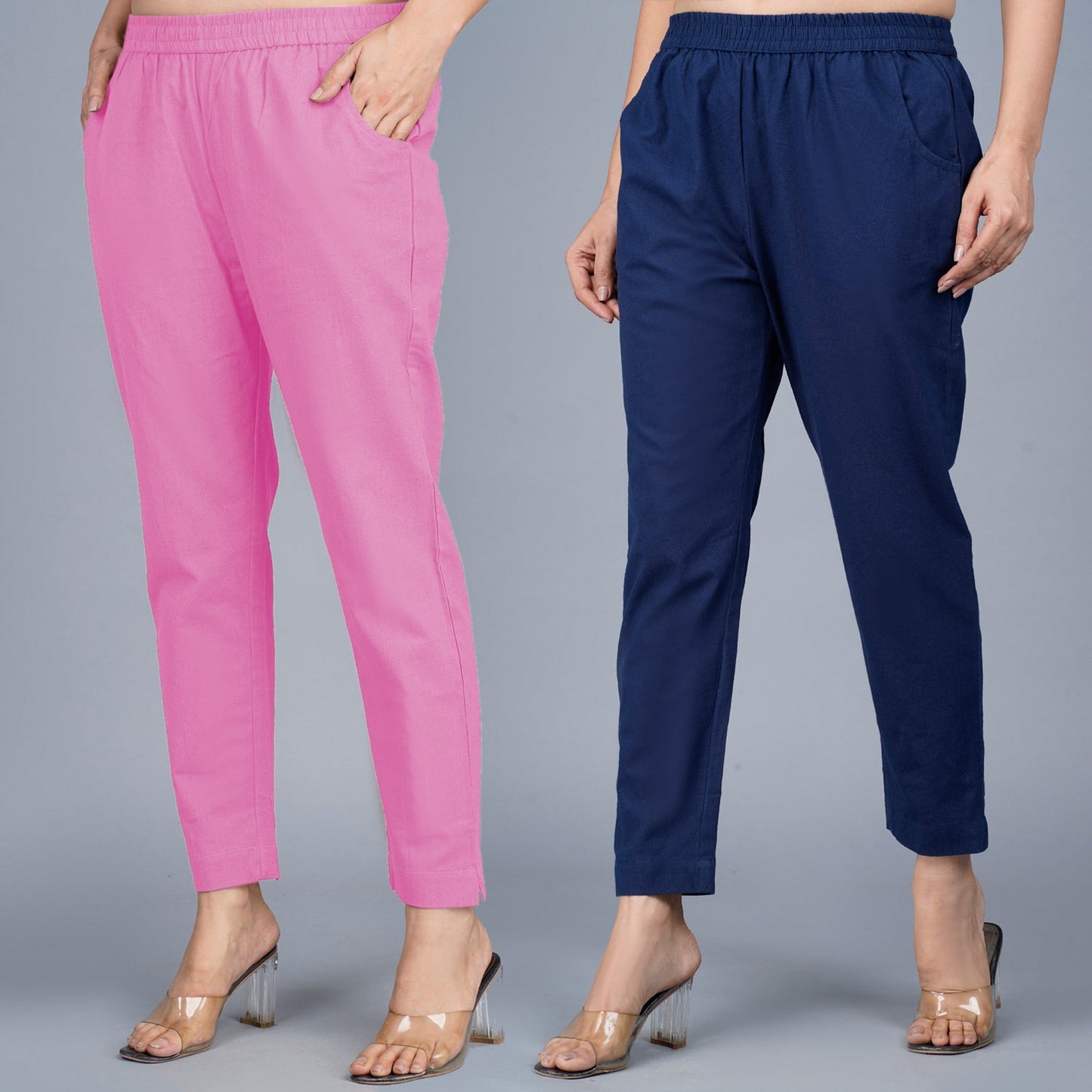 Pack Of 2 Womens Regular Fit Pink And Navy Blue Fully Elastic Waistband Cotton Trouser