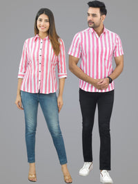 Pack Of 2 Quaclo Couple Pink Striped Cotton Shirts