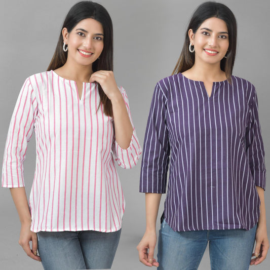 Pack Of 2 Pink And Dark Purple Striped Cotton Womens Top Combo