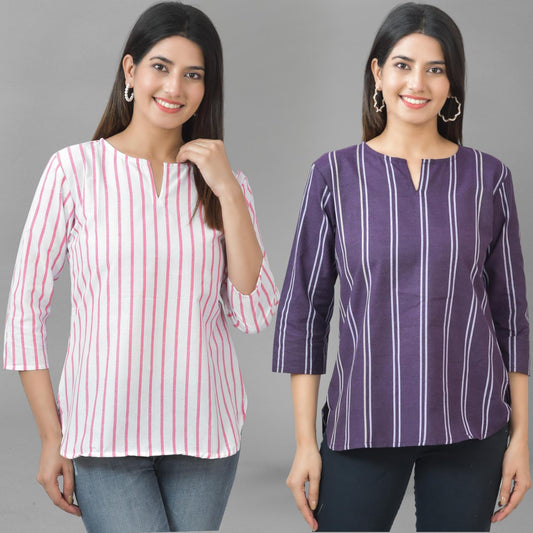 Pack Of 2 Pink And Purple Striped Cotton Womens Top Combo