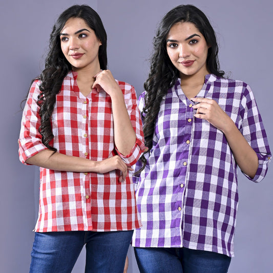 Pack Of 2 Womens Pink And Purple Chekerd Casual Shirt Combo