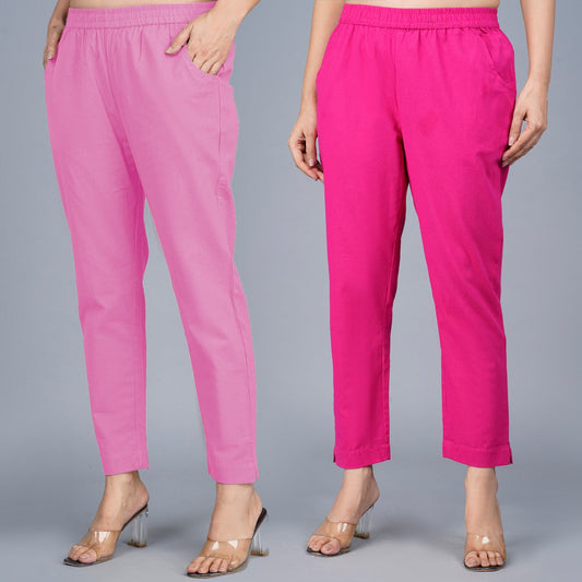 Pack Of 2 Womens Regular Fit Pink And Rani Pink Fully Elastic Waistband Cotton Trouser