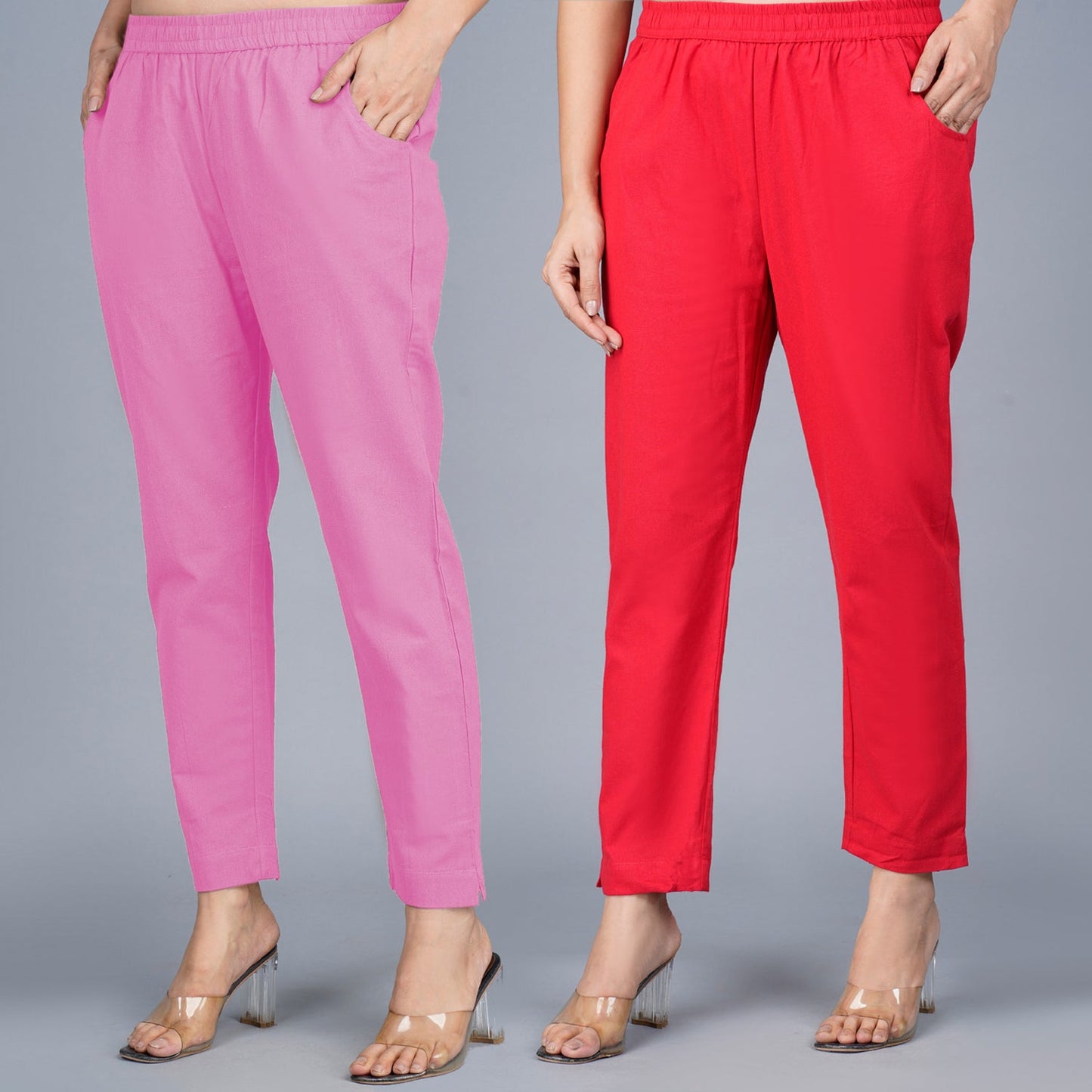 Pack Of 2 Womens Regular Fit Pink And Red Fully Elastic Waistband Cotton Trouser