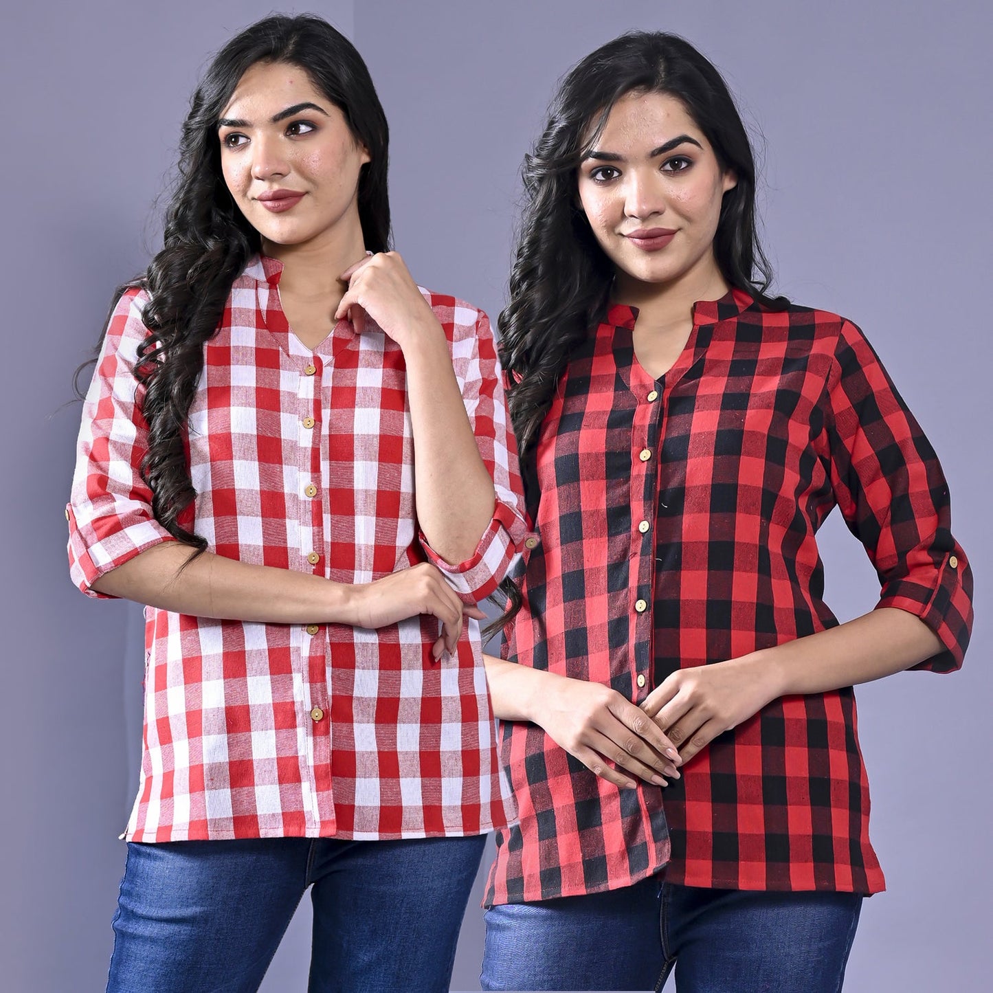 Pack Of 2 Womens Pink And Red Chekerd Casual Shirt Combo