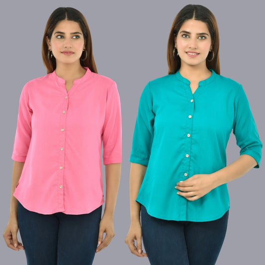 Pack Of 2 Womens  Solid Pink and Sky Blue Rayon Chinese Collar Shirts Combo