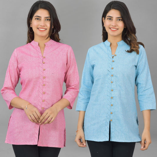 Pack Of 2 Womens Pink And Sky Blue Woven Design Handloom Cotton Frontslit Short Kurtis