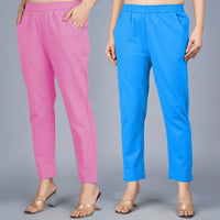 Pack Of 2 Womens Regular Fit Pink And Sky Blue Fully Elastic Waistband Cotton Trouser