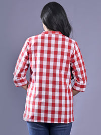 Women Regular Fit Pink Checkered Mandarin Collar Casual Shirt