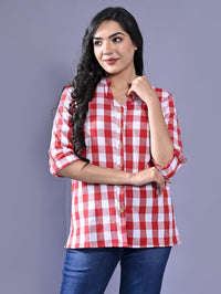 Women Regular Fit Pink Checkered Mandarin Collar Casual Shirt