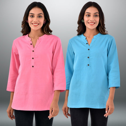 Pack Of 2 Womens Regular Fit Pink And Turquoise Three Fourth Sleeve Cotton Tops Combo