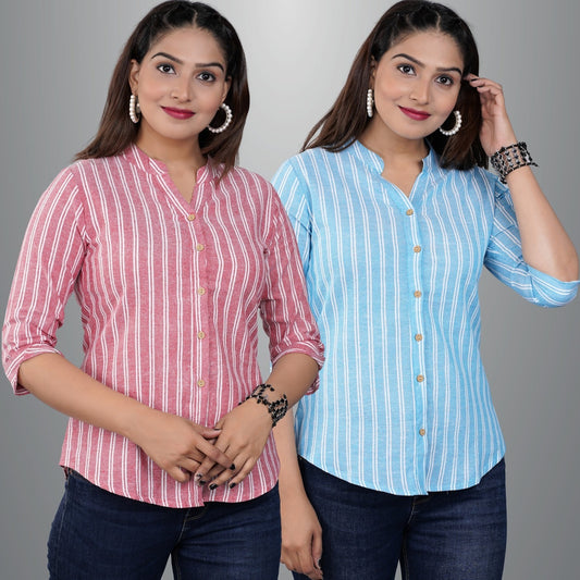 Pack Of 2 Womens Pink And Turquoise Mangoline Striped Casual Shirt