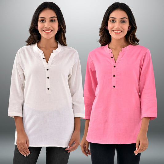 Pack Of 2 Womens Regular Fit White And Pink Three Fourth Sleeve Cotton Tops Combo