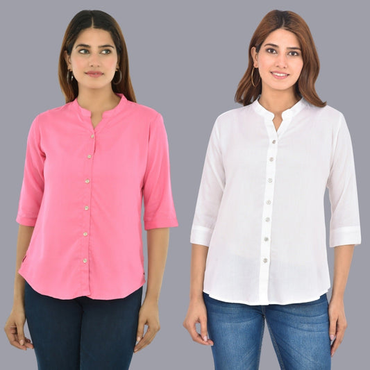Pack Of 2 Womens  Solid Pink and White Rayon Chinese Collar Shirts Combo