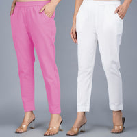 Pack Of 2 Womens Regular Fit Pink And White Fully Elastic Waistband Cotton Trouser