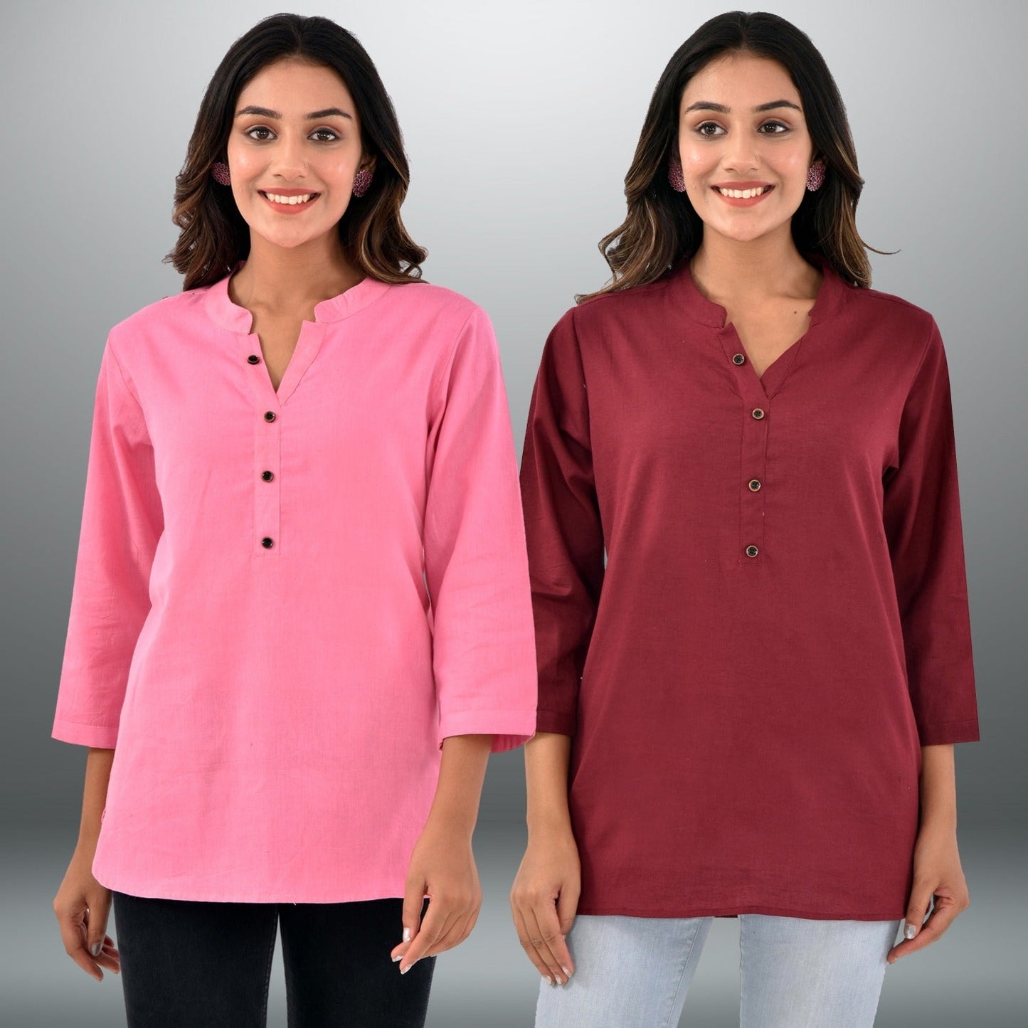 Pack Of 2 Womens Regular Fit Pink And Wine Three Fourth Sleeve Cotton Tops Combo