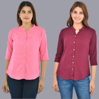 Pack Of 2 Womens  Solid Pink and Wine Rayon Chinese Collar Shirts Combo