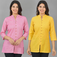 Pack Of 2 Womens Pink And Yellow Woven Design Handloom Cotton Frontslit Short Kurtis