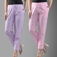 Pack Of 2 Blue And Pink Womens Cotton Stripe Pants Combo