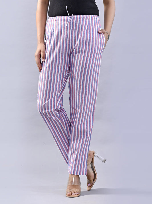 QuaClo Women Pink & Blue Regular Fit Stripe Cotton Trouser