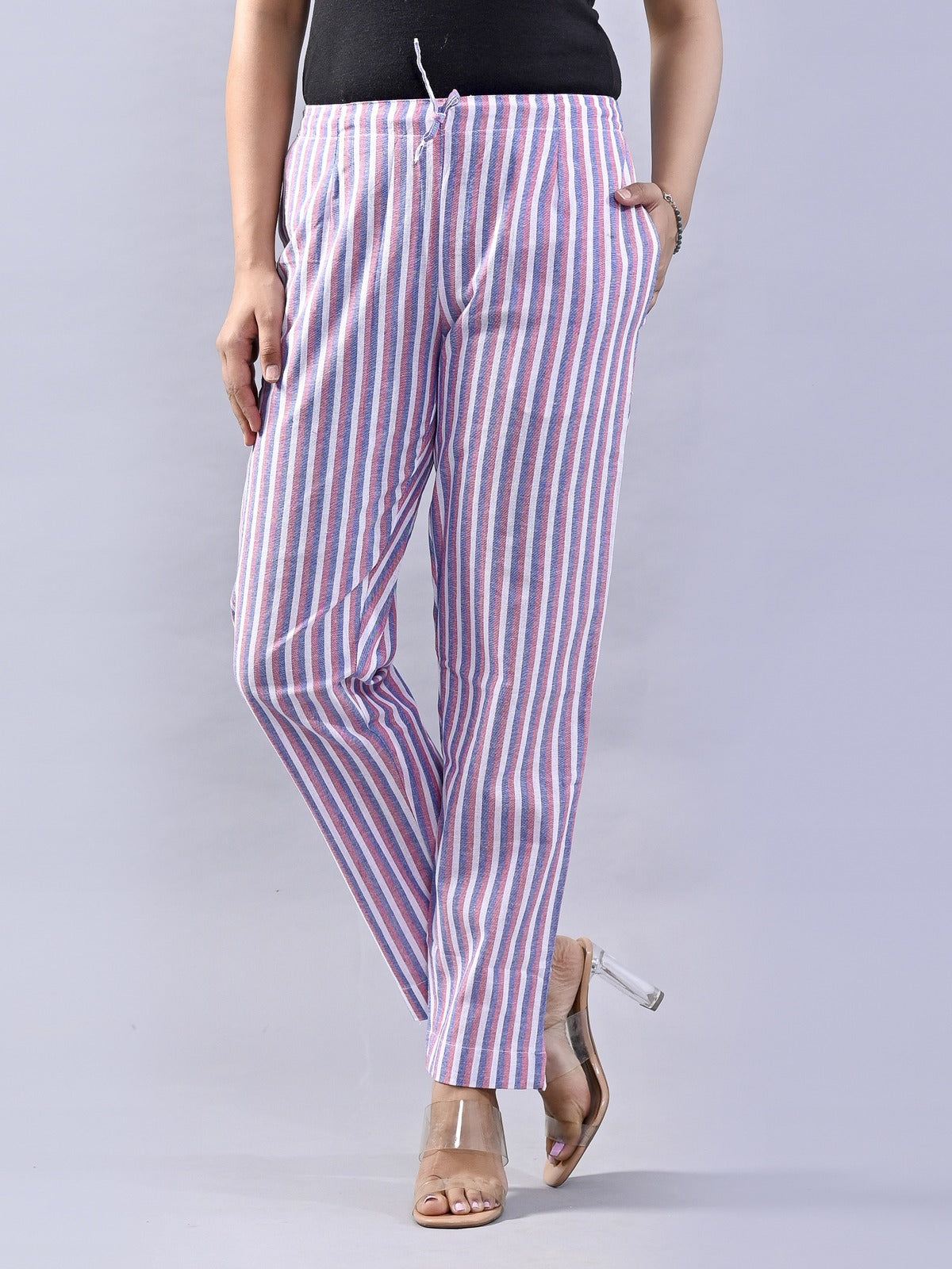 Pack Of 2 Brown And Blue Womens Cotton Stripe Pants Combo