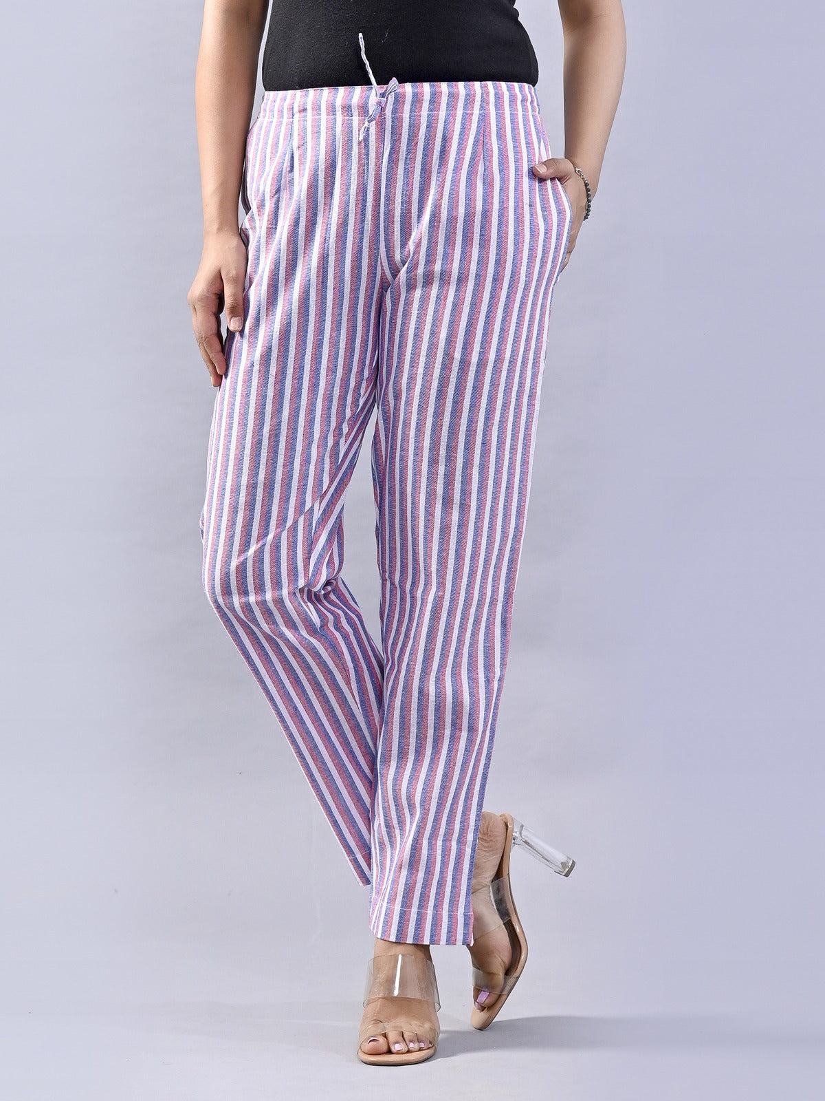 Pack Of 2 Light Grey And Blue Womens Cotton Stripe Pants Combo