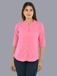 Pack Of 2 Womens Solid Black and Pink Rayon Chinese Collar Shirts Combo
